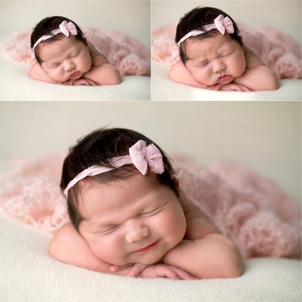 Angela Beransky Photography, San Diego newborn photographer, Newborn baby, Infant, baby photographer, baby laying on the beige blanket, chin up pose with mohair wrap. newborn smile