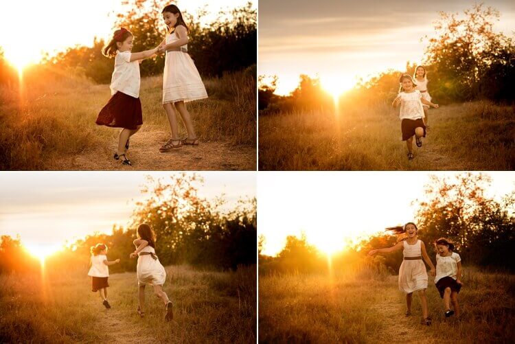 San Diego Photographer. Angela Beransky photography. Family with three kids. Los Penasquitos canyon. Sunset light. sisters, siblings. running in the field