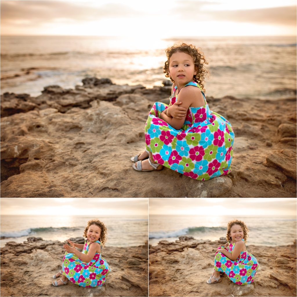 San Diego Family Photographer, Family Portraits San Diego, Windansea Beach, Wind and Sea beach, Family session with three kids . POrtraits of the girl on the beach. Happy 5 year old.