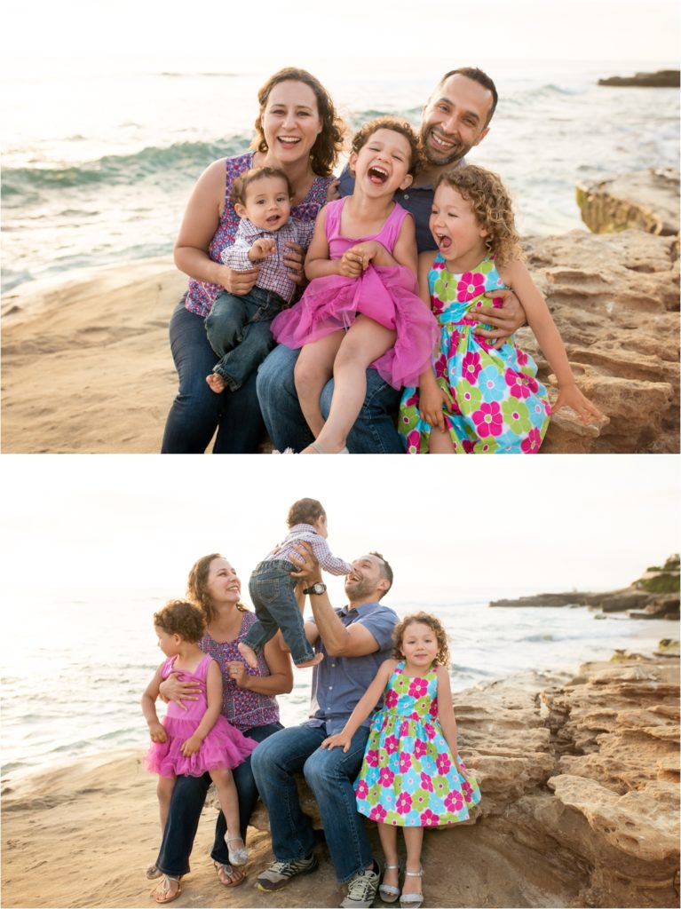 San Diego Family Photographer, Family Portraits San Diego, Windansea Beach, Wind and Sea beach, Family session with three kids . Family sitting on the rocks at the beach.