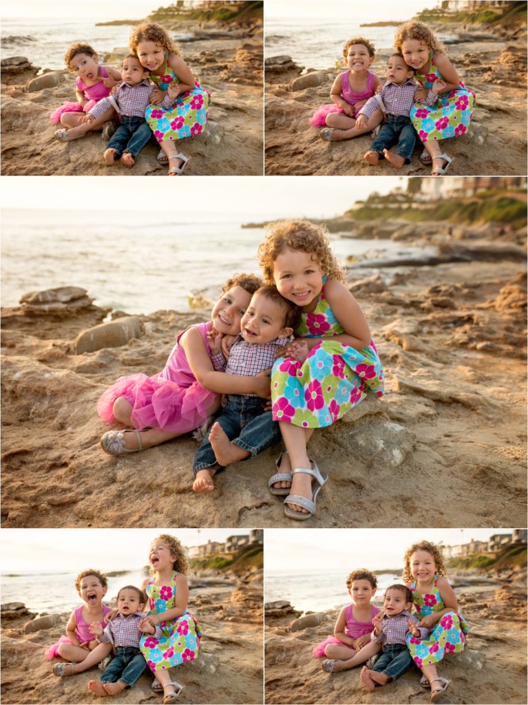 San Diego Family Photographer, Family Portraits San Diego, Windansea Beach, Wind and Sea beach, Family session with three kids . Three kids siblings hugging each other. Children of the beach.