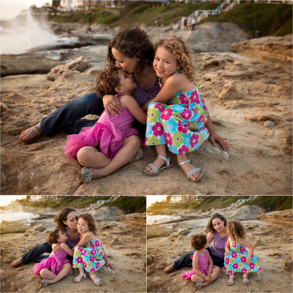 San Diego Family Photographer, Family Portraits San Diego, Windansea Beach, Wind and Sea beach, Family session with three kids. Mother and daughters. Mother kissing daughters,