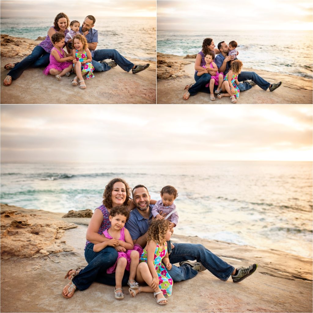 San Diego Family Photographer, Family Portraits San Diego, Windansea Beach, Wind and Sea beach, Family session with three kids , Family sitting on the rocks at the beach. Family of five sitting the beach and having fun.