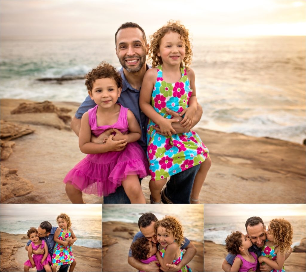 San Diego Family Photographer, Family Portraits San Diego, Windansea Beach, Wind and Sea beach, Family session with three kids. Daddy and daughters, dad kissing daughters