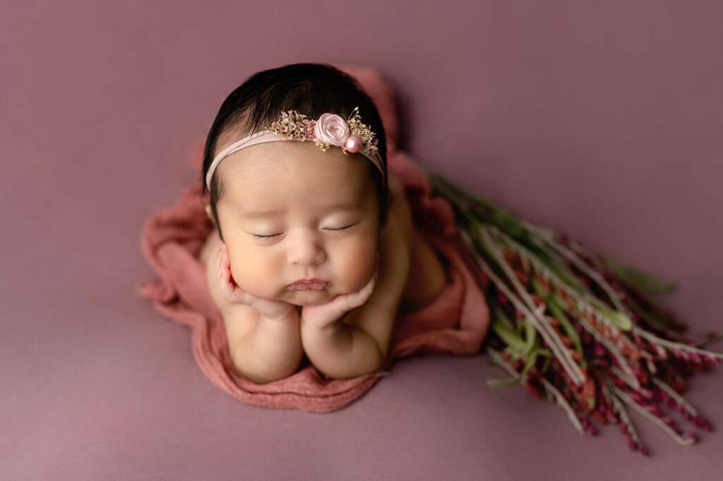 newborn baby girl on a dark ink blanket posed in froggy pose in San Diego Photography studio