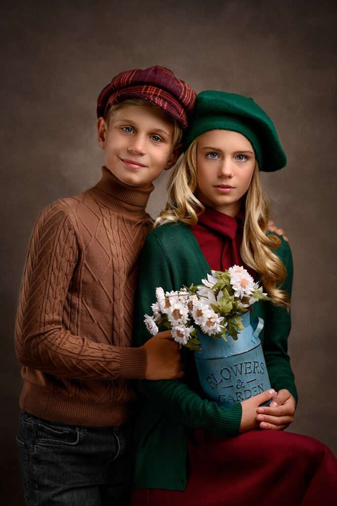 portraits of siblings wearing vintage outfits by san diego family photographer